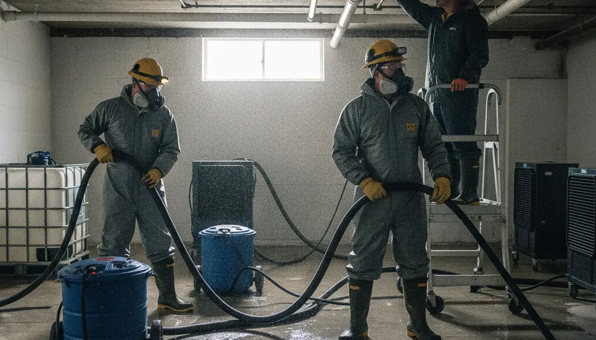 Visalia, CA water damage crew cleaning up burst pipe water in a home after flooding