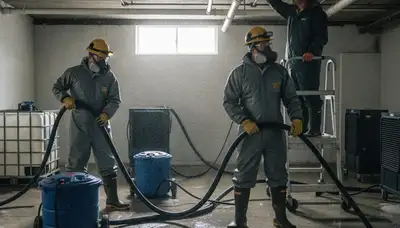 Visalia, CA water damage crew cleaning up burst pipe water in a home after flooding