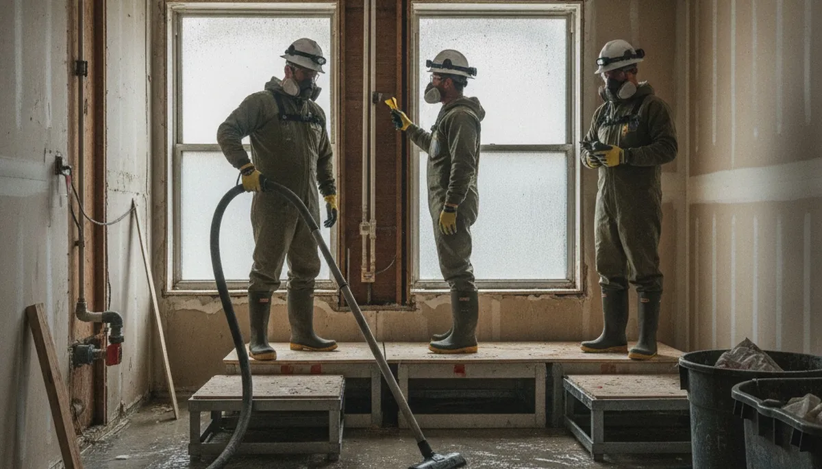Visalia, CA water-damage crew cleaning up burst pipe water in a home