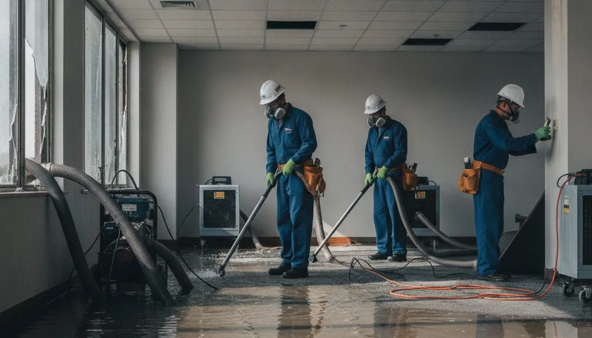 Commercial water damage restoration team in Visalia, CA providing 24/7 emergency cleanup