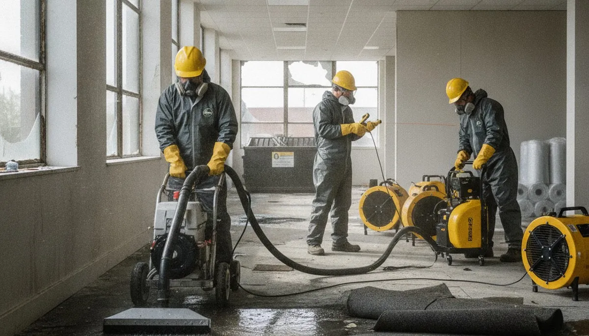 Commercial water damage restoration team in Visalia, CA responding to a flooded business property