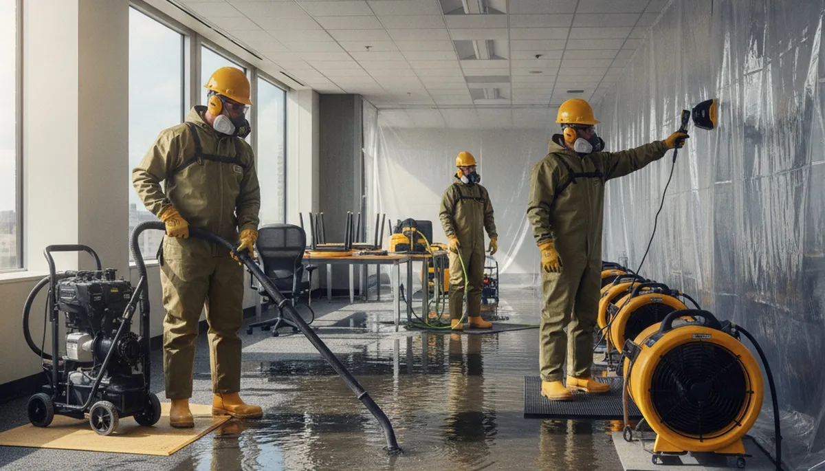 Commercial water damage restoration team in Visalia, CA handling cleanup and drying equipment