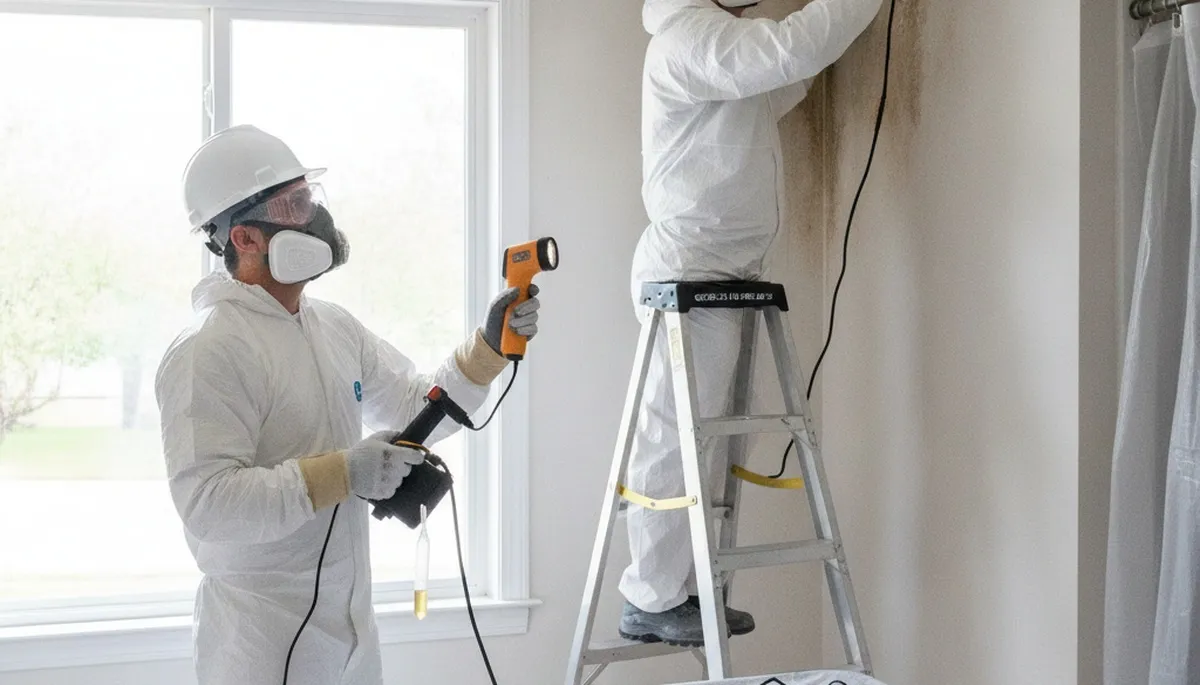 Mold inspection technician assessing hidden moisture in a Visalia, CA home