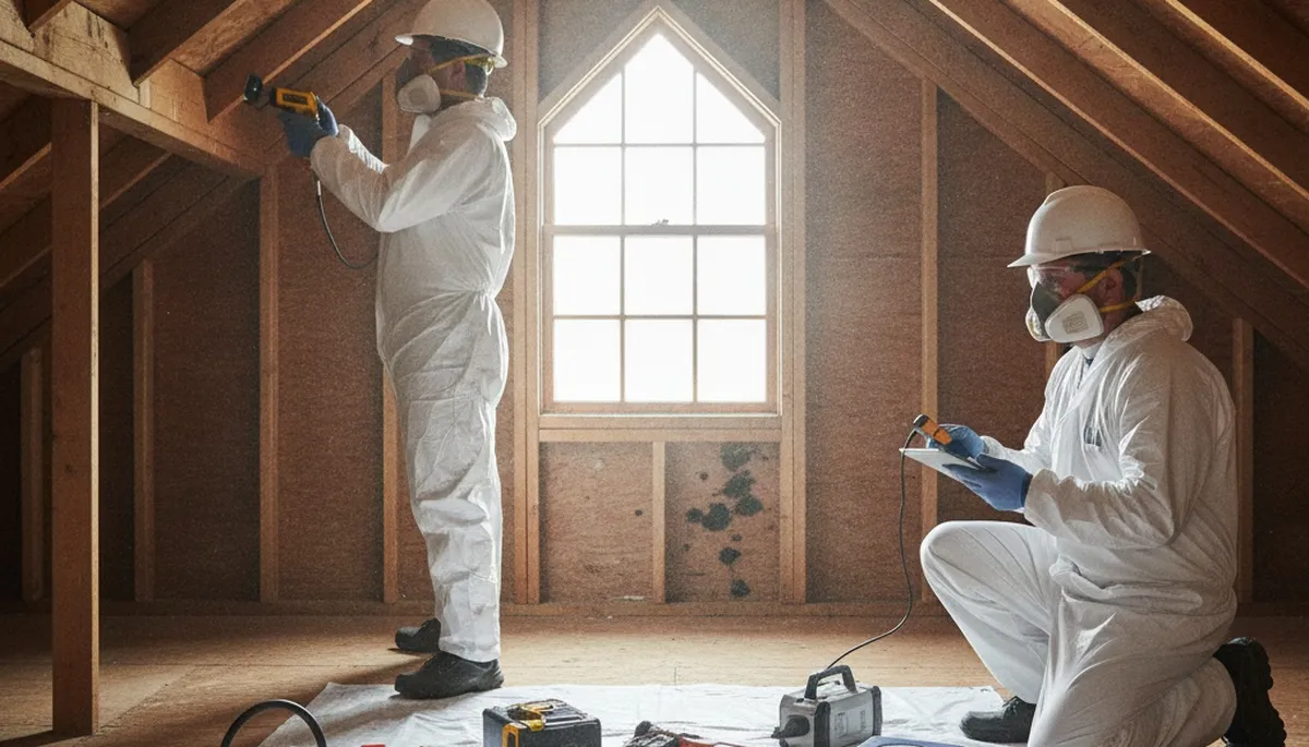 Mold inspection technician assessing hidden moisture in a Visalia, CA home