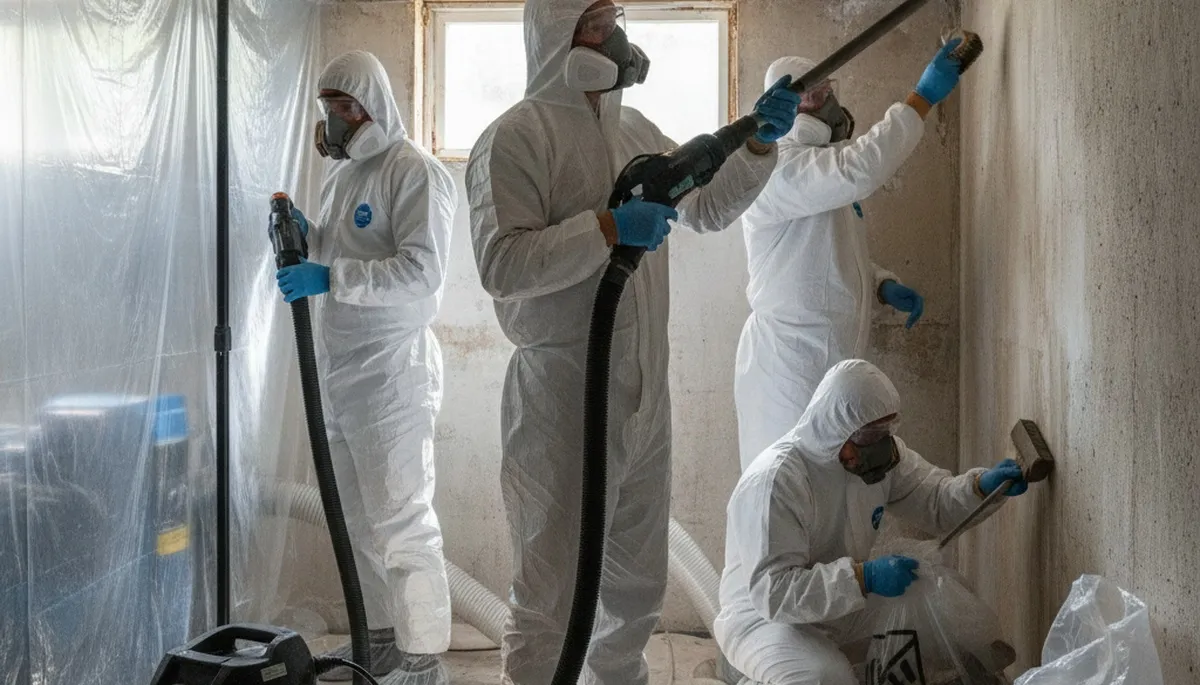 Water damage restoration team in Visalia, CA removing mold from a home interior