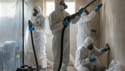 Water damage restoration team in Visalia, CA removing mold from a home interior