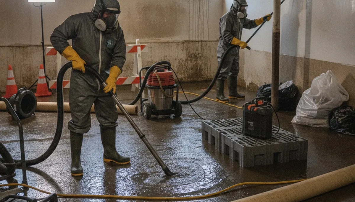 Sewage cleanup crew restoring a Visalia, CA home after a sewer backup and water damage