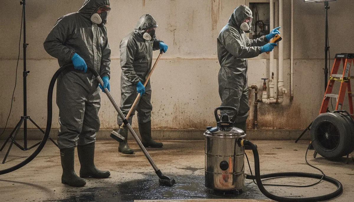 Sewer backup cleanup crew sanitizing a Visalia, CA home after raw sewage damage
