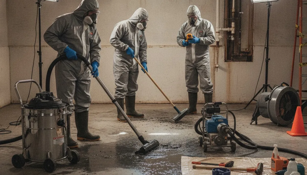 Visalia, CA water damage crew cleaning sewer backup and sanitizing a home after raw sewage intrusion