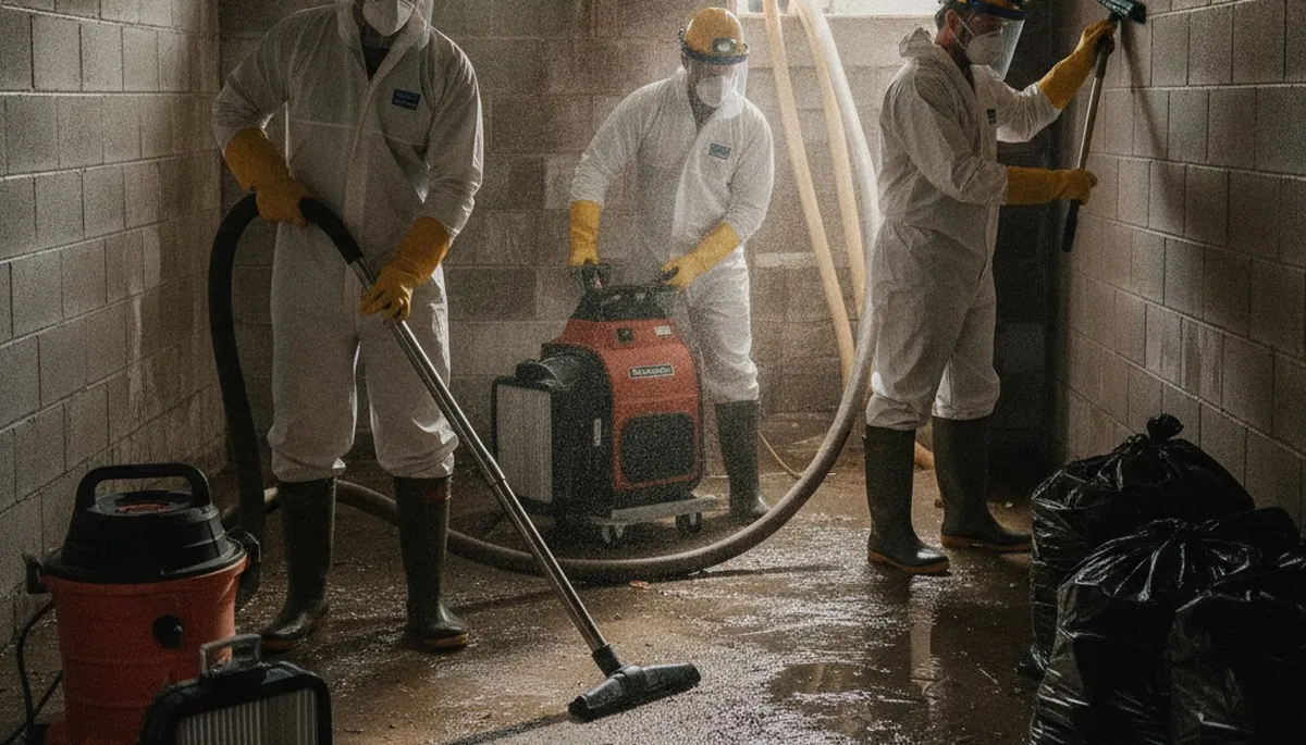 Visalia, CA sewer backup cleanup crew sanitizing a home after raw sewage damage
