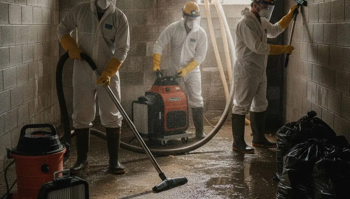 Visalia, CA sewer backup cleanup crew sanitizing a home after raw sewage damage