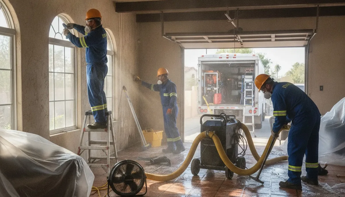 Water damage restoration team in Visalia, CA providing emergency cleanup and drying services