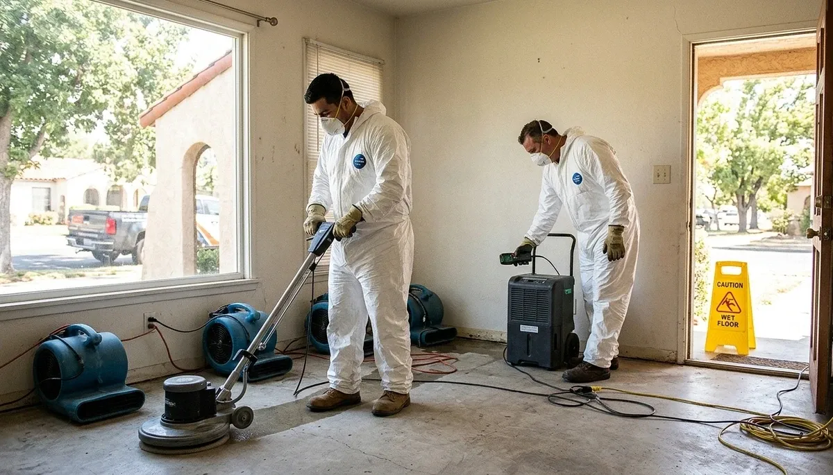 Water damage restoration team in Visalia, CA providing emergency cleanup and drying services