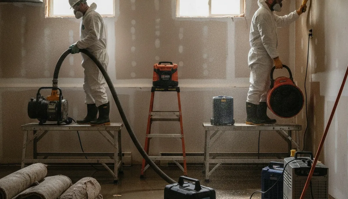 Water damage restoration crew in Visalia, CA removing moisture from a home after a leak