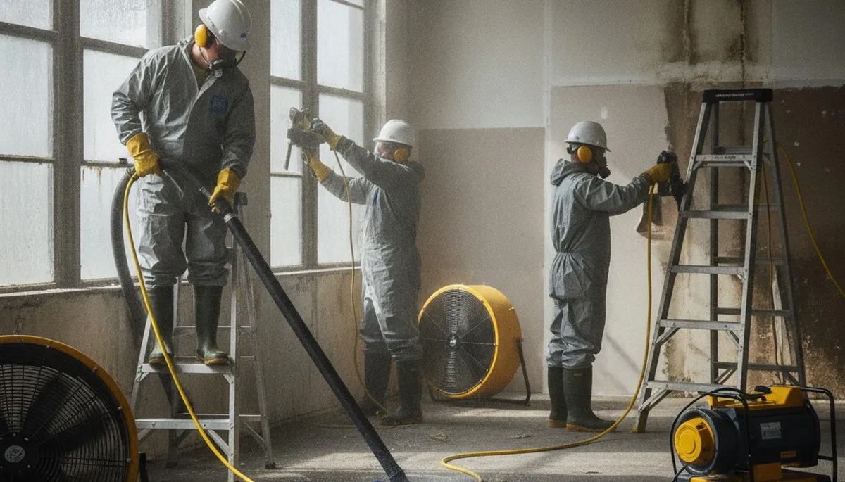 Water damage restoration crew in Visalia, CA removing water from a home with professional equipment