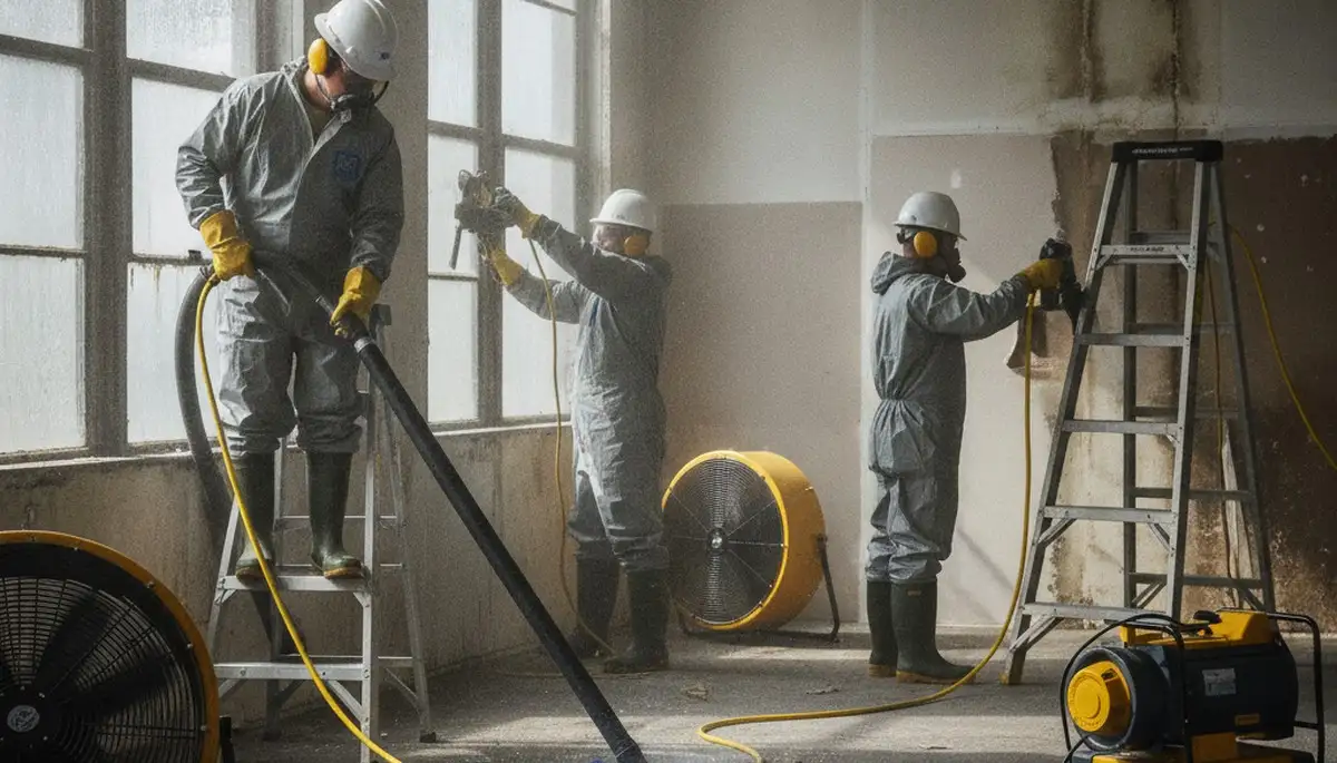 Water damage restoration crew in Visalia, CA removing water from a home with professional equipment