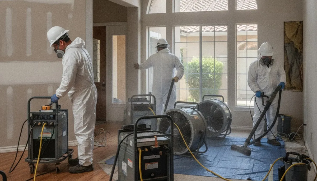 Water damage restoration team in Visalia, CA providing emergency cleanup and repair services
