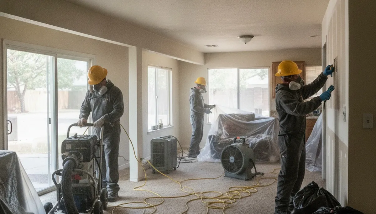 Water damage restoration team in Visalia, CA providing cleanup and drying services