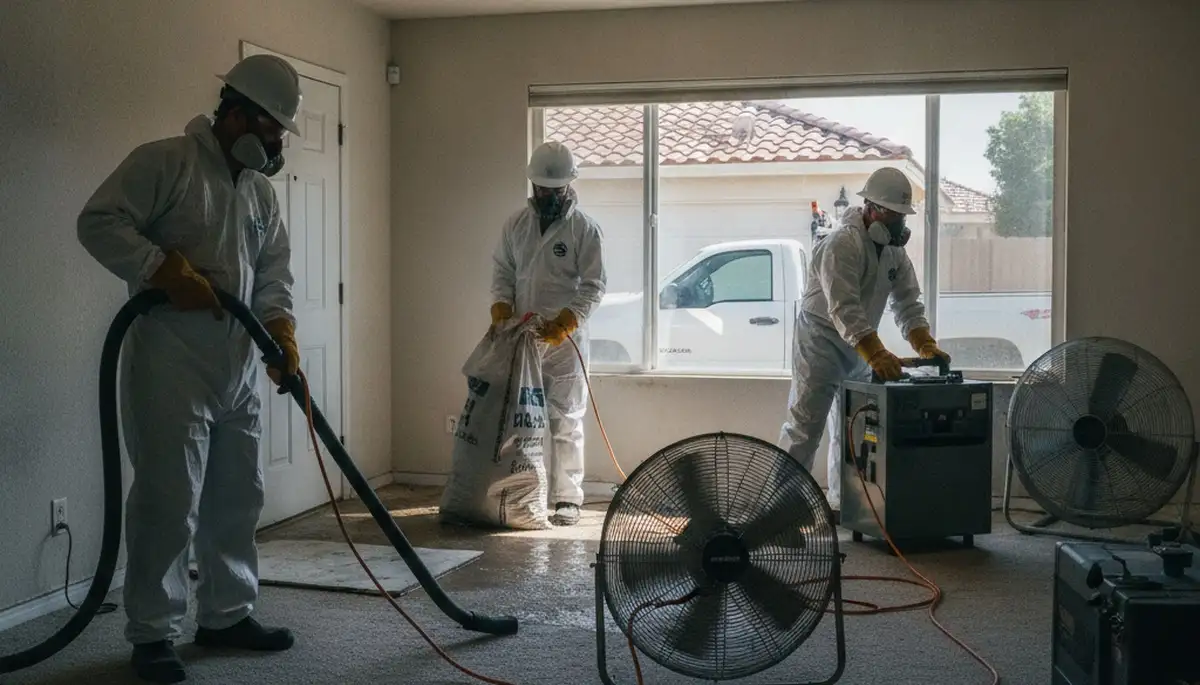 Water damage restoration team in Visalia, CA providing emergency cleanup and drying services